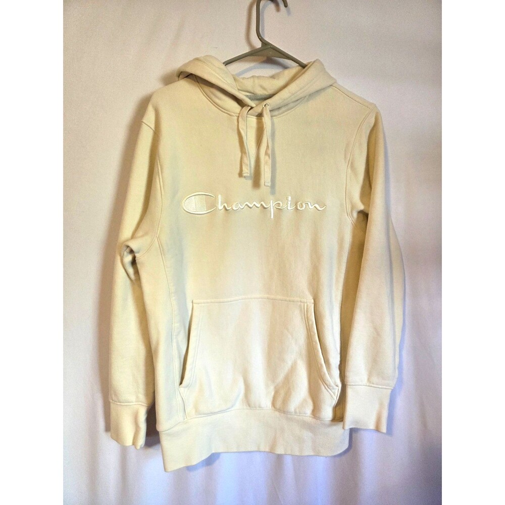 Champion Womens XS Ivory Pullover Hoodie Embroidered Spell Out Fleece Sweatshirt